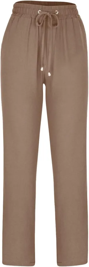 Linen Blend Pants for Women Plus Size Straight Leg Lounge Pants Elastic Waist Trousers Drawstring Vacation Pants