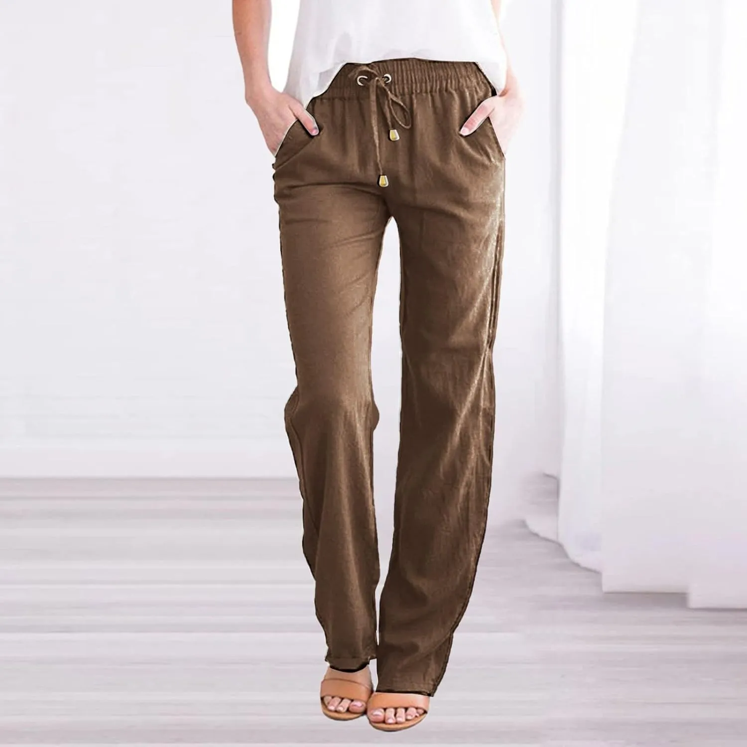Linen Blend Pants for Women Plus Size Straight Leg Lounge Pants Elastic Waist Trousers Drawstring Vacation Pants