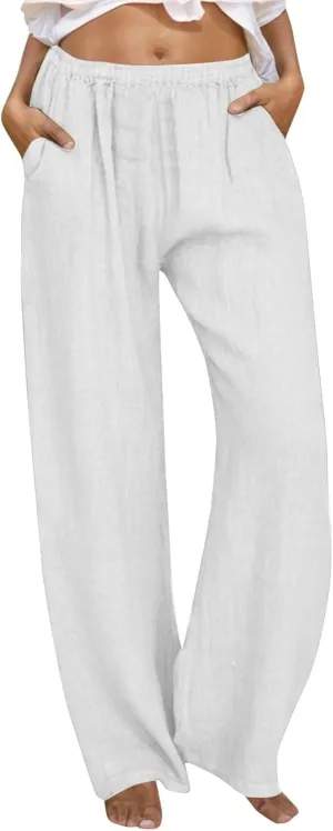 Linen Blend Pants for Women Summer Wide Leg High Waist Palazzo Flowy Loose Trousers Casuals Loungee Business Pants