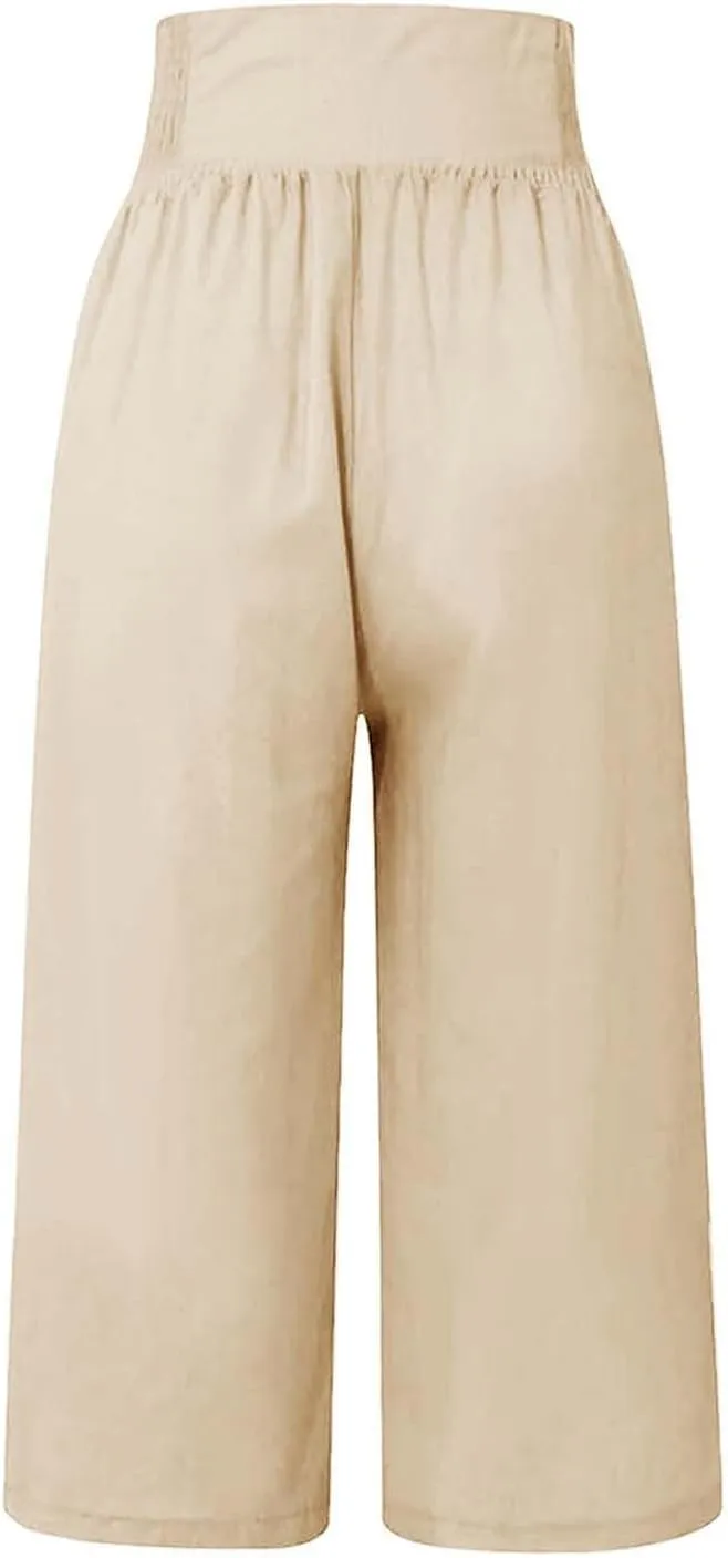 Linen Capris for Women Casual Summer High Waisted Cropped Pants Straight Wide Leg Beach Yoga Trousers with Pockets