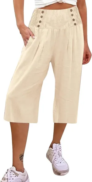 Linen Capris for Women Casual Summer High Waisted Cropped Pants Straight Wide Leg Beach Yoga Trousers with Pockets