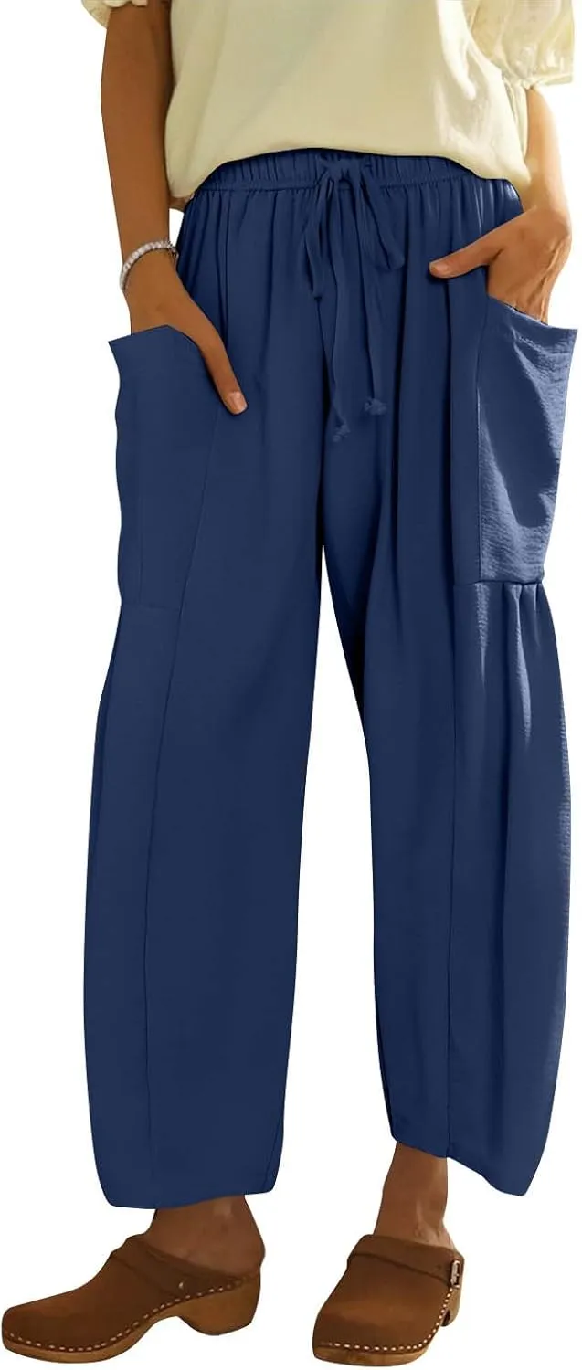 Linen Pants for Women Casual Summer Drawstring High Waisted Wide Leg Pants Loose Fit Multi-Pocket Solid Trousers Baggy