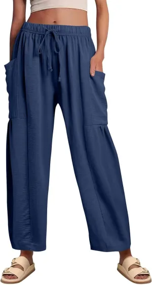Linen Pants for Women Casual Summer Drawstring High Waisted Wide Leg Pants Loose Fit Multi-Pocket Solid Trousers Baggy