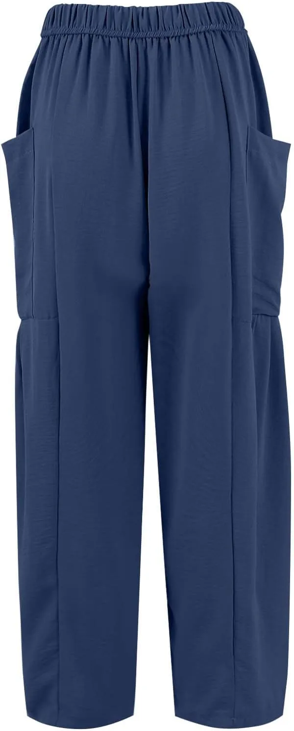 Linen Pants for Women Casual Summer Drawstring High Waisted Wide Leg Pants Loose Fit Multi-Pocket Solid Trousers Baggy