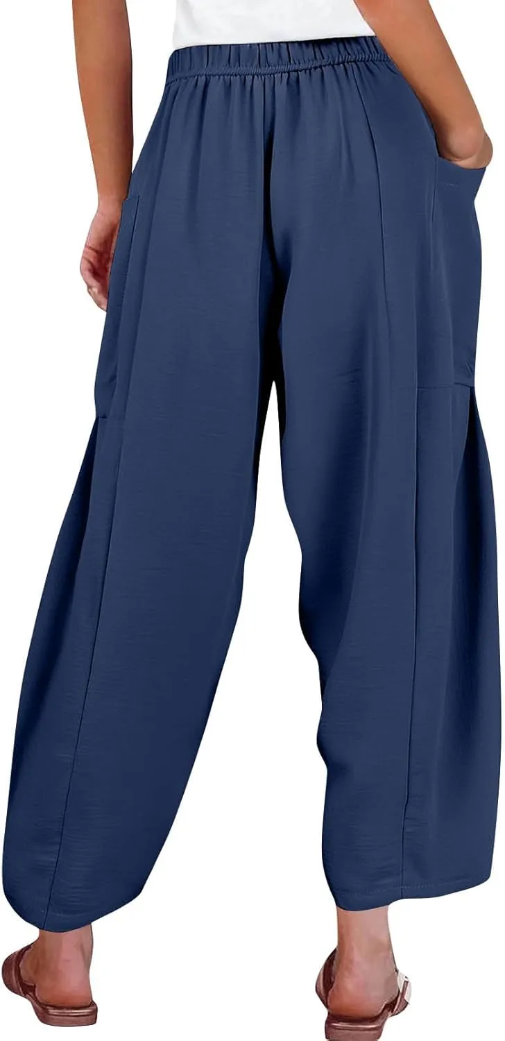 Linen Pants for Women Casual Summer Drawstring High Waisted Wide Leg Pants Loose Fit Multi-Pocket Solid Trousers Baggy