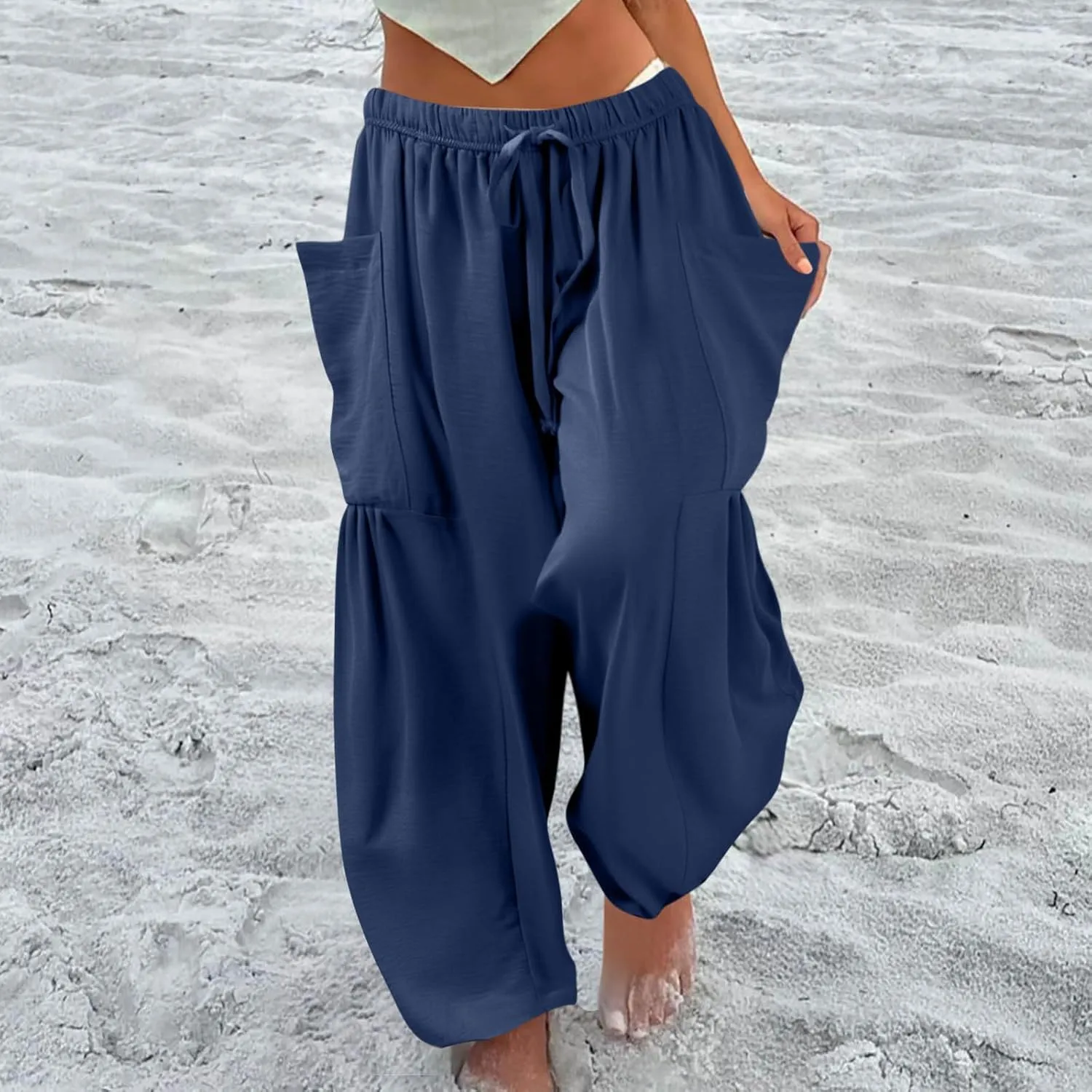 Linen Pants for Women Casual Summer Drawstring High Waisted Wide Leg Pants Loose Fit Multi-Pocket Solid Trousers Baggy