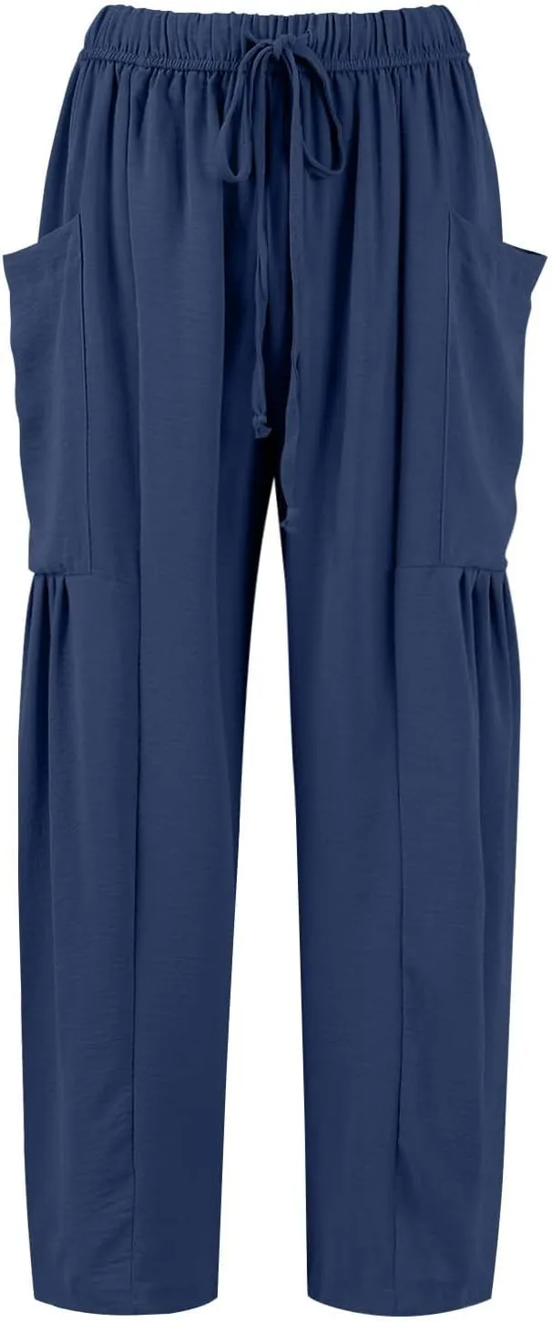 Linen Pants for Women Casual Summer Drawstring High Waisted Wide Leg Pants Loose Fit Multi-Pocket Solid Trousers Baggy