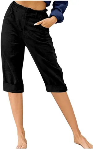 Linen Pants for Women High Waisted Wide Leg Capris Summer Casual Button Elastic Waist Cropped Trousers with Pockets
