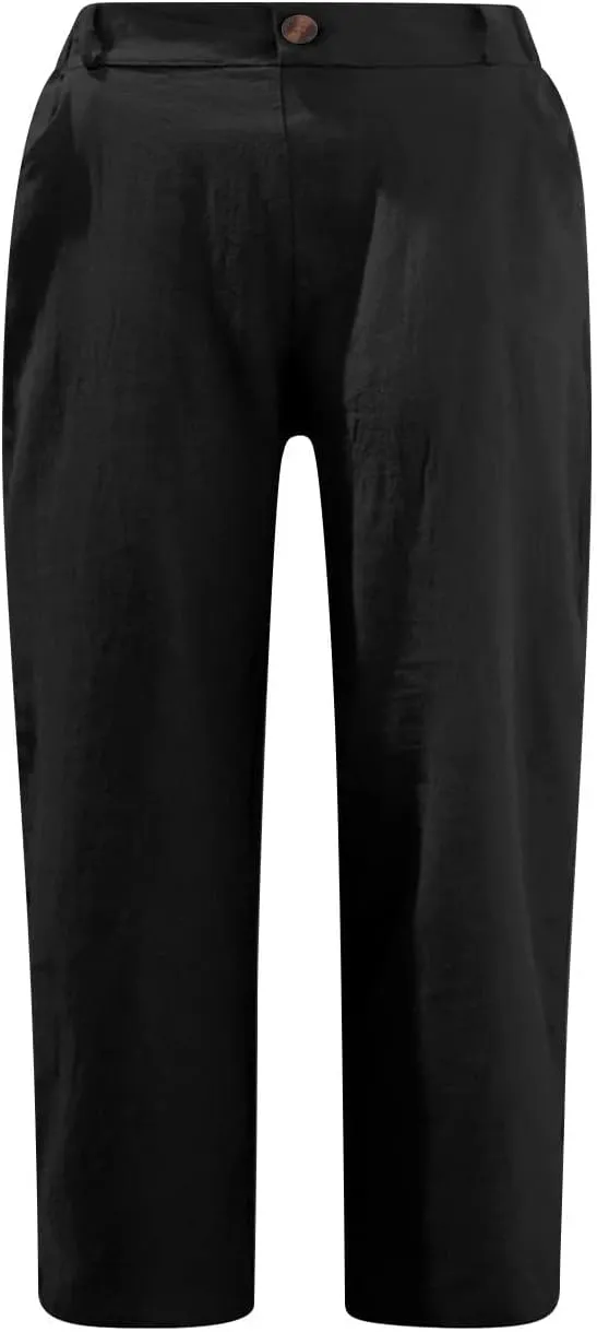 Linen Pants for Women High Waisted Wide Leg Capris Summer Casual Button Elastic Waist Cropped Trousers with Pockets