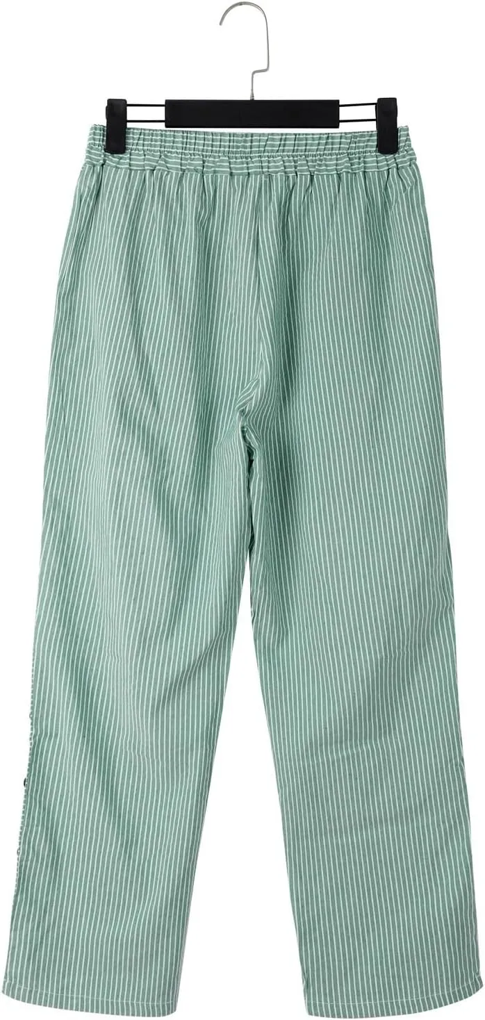 Linen Pants for Women Striped Elastic Waistband High Waistband Pocket Pants Side Nine Point Loose Casual