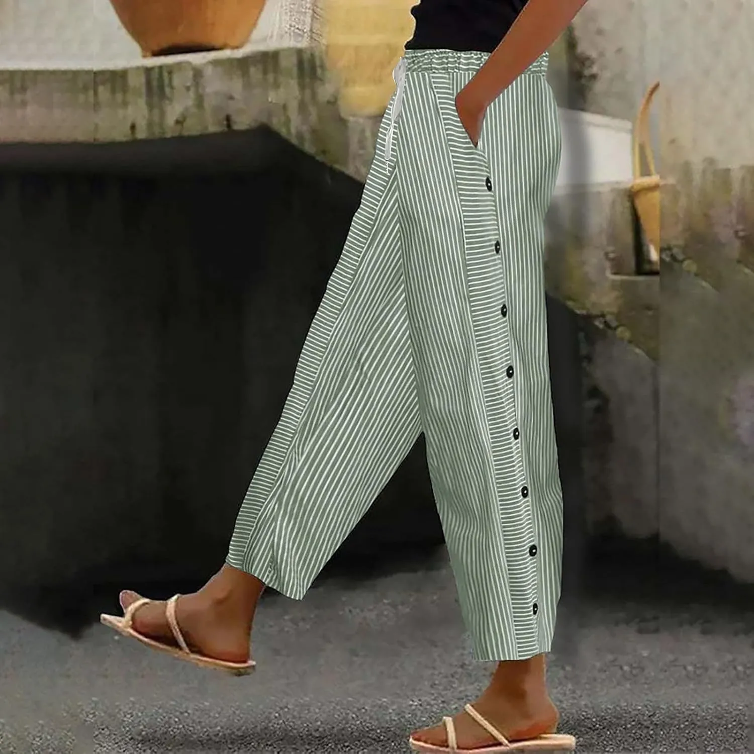 Linen Pants for Women Striped Elastic Waistband High Waistband Pocket Pants Side Nine Point Loose Casual