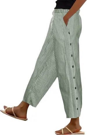 Linen Pants for Women Striped Elastic Waistband High Waistband Pocket Pants Side Nine Point Loose Casual