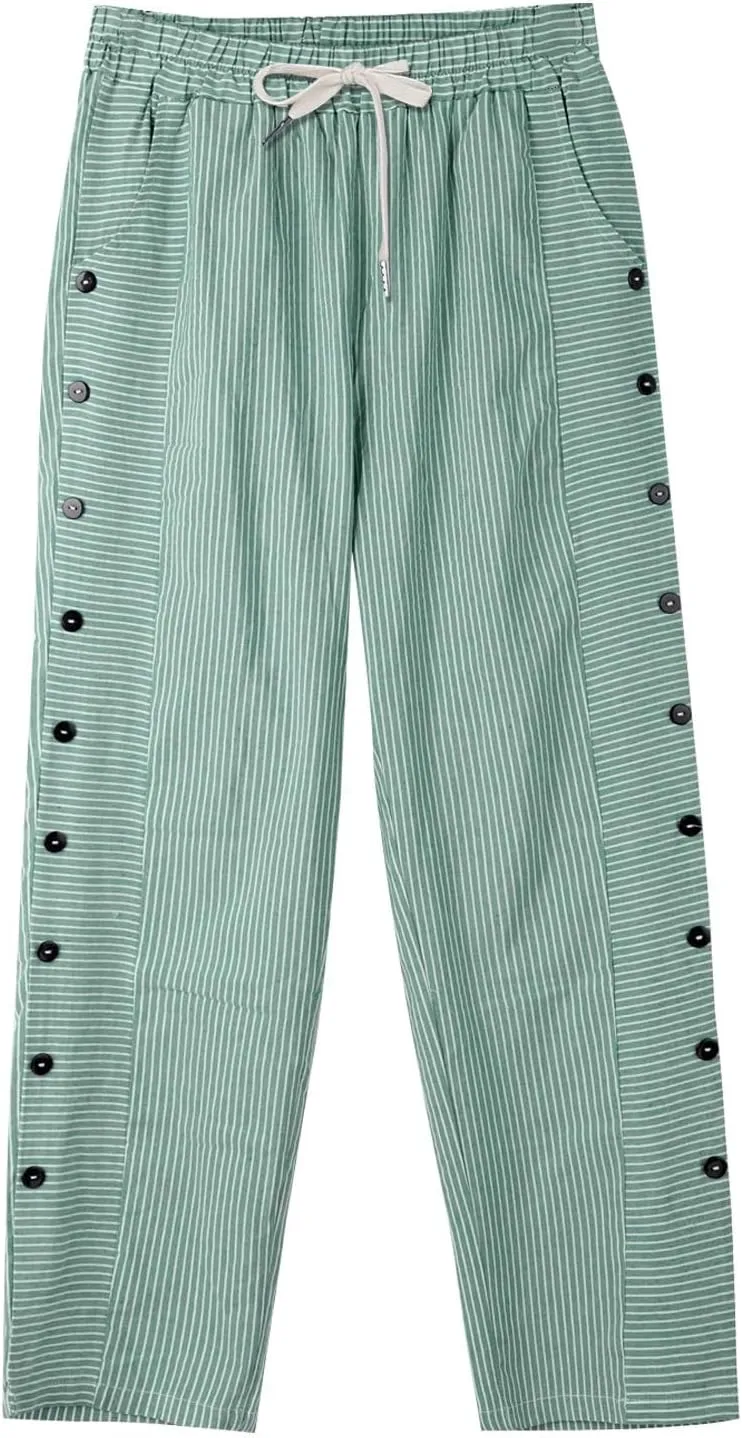 Linen Pants for Women Striped Elastic Waistband High Waistband Pocket Pants Side Nine Point Loose Casual