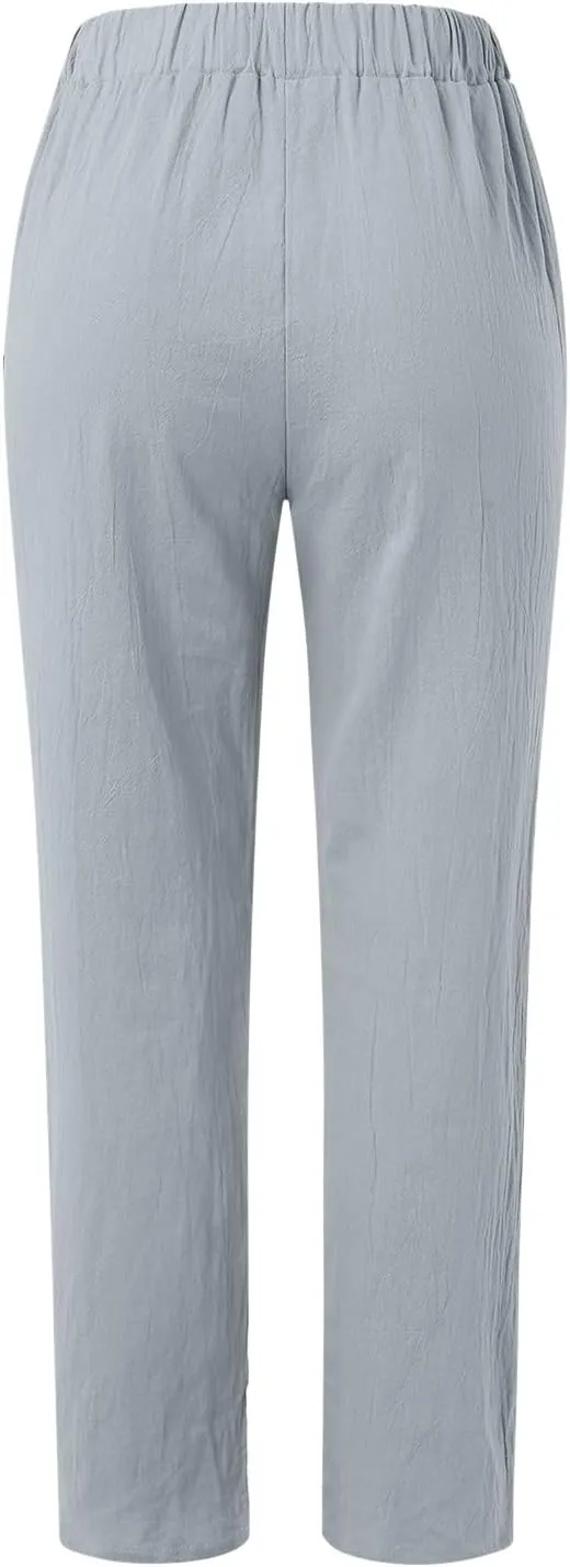 Linen Pants for Women Summer Casual Elastic High Waist Straight Leg Lounge Pants Beach Plus Size Lightweight Trousers