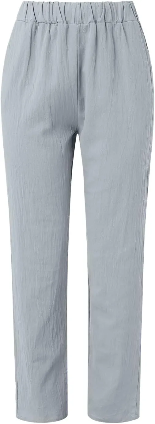 Linen Pants for Women Summer Casual Elastic High Waist Straight Leg Lounge Pants Beach Plus Size Lightweight Trousers
