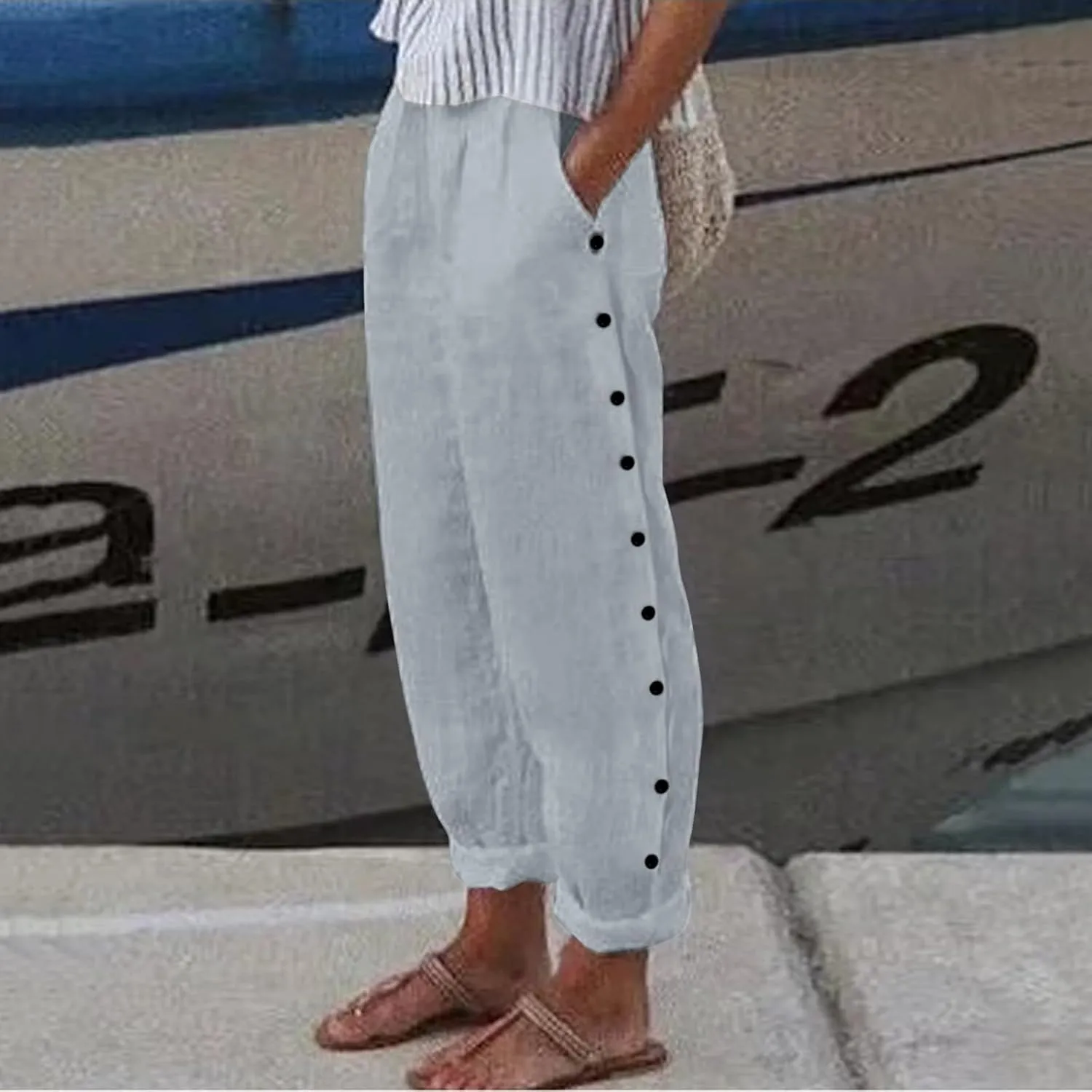 Linen Pants for Women Summer Casual Elastic High Waist Straight Leg Lounge Pants Beach Plus Size Lightweight Trousers
