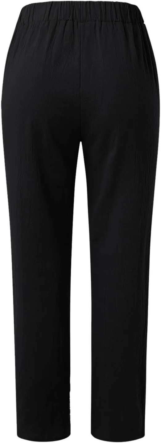 Linen Pants for Women Summer High Waisted Elastic Straight Leg Lounge Pants Casual Loose Lightweight Beach Trousers