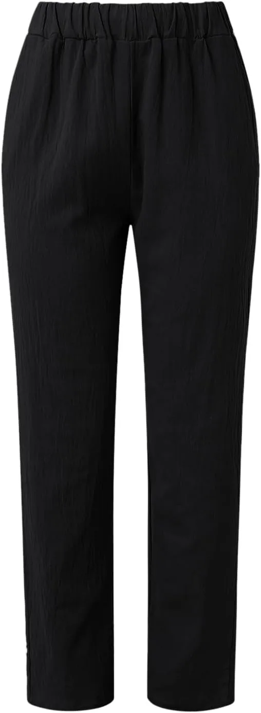 Linen Pants for Women Summer High Waisted Elastic Straight Leg Lounge Pants Casual Loose Lightweight Beach Trousers