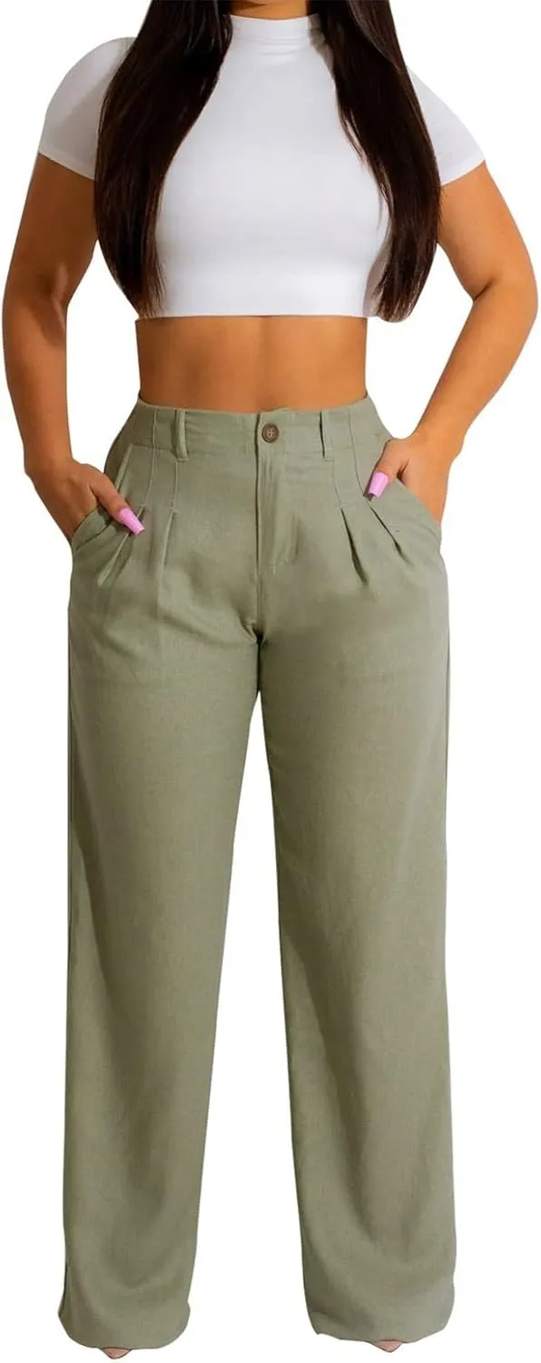 Linen Pants for Women Tall Summer Plus Size Linen Palazzo Pants High Rise Flowy Casual Beach Pants with Pockets