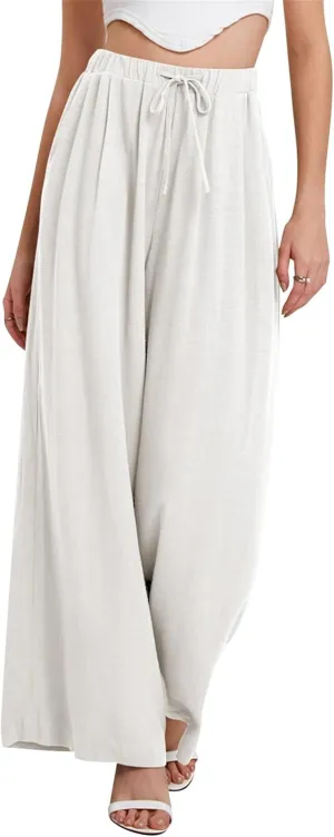 Linen Pants Women Beach Wide Leg Pants Casual Boho Summer Palazzo Pants High Waist Flowy Lounge Trousers with Pocket