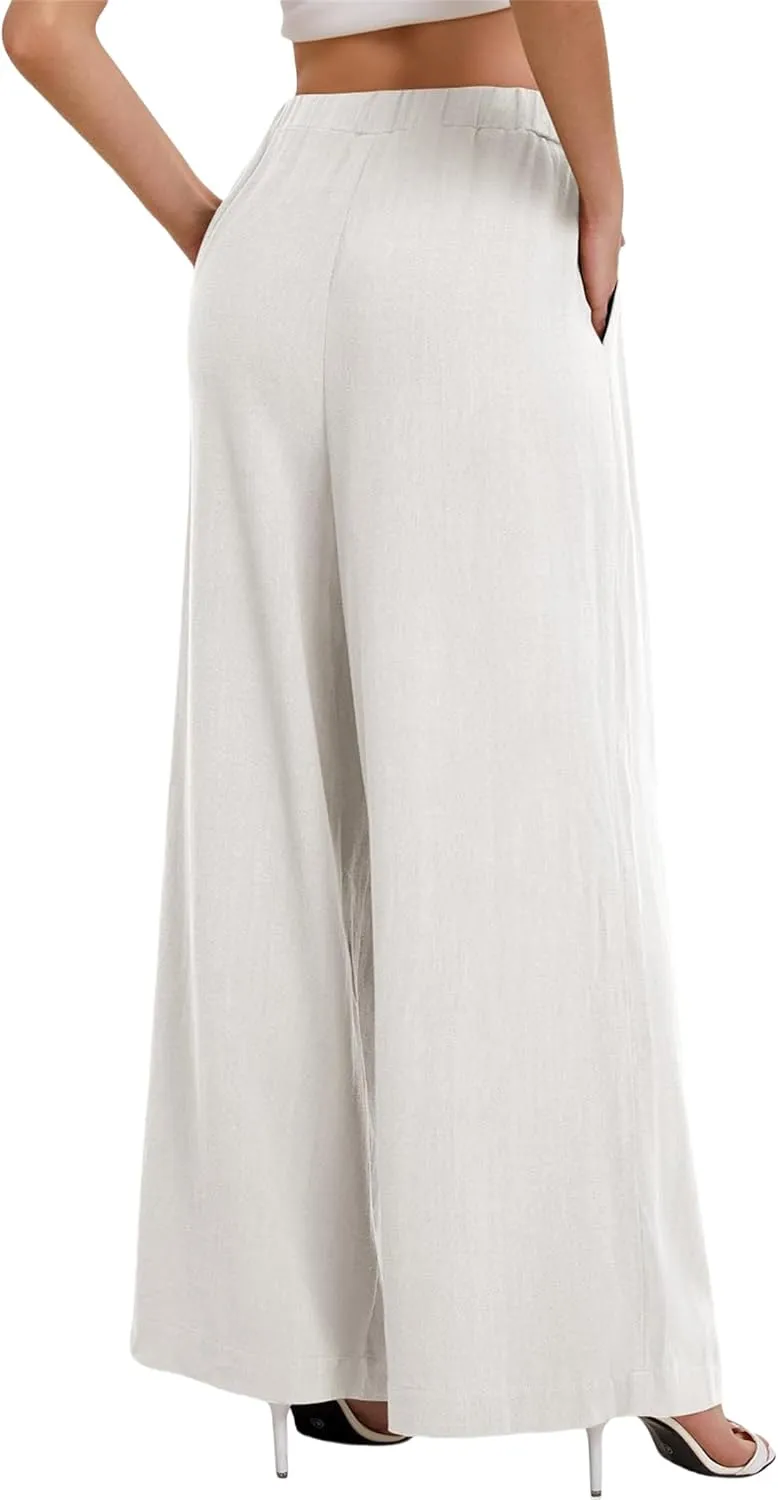 Linen Pants Women Beach Wide Leg Pants Casual Boho Summer Palazzo Pants High Waist Flowy Lounge Trousers with Pocket