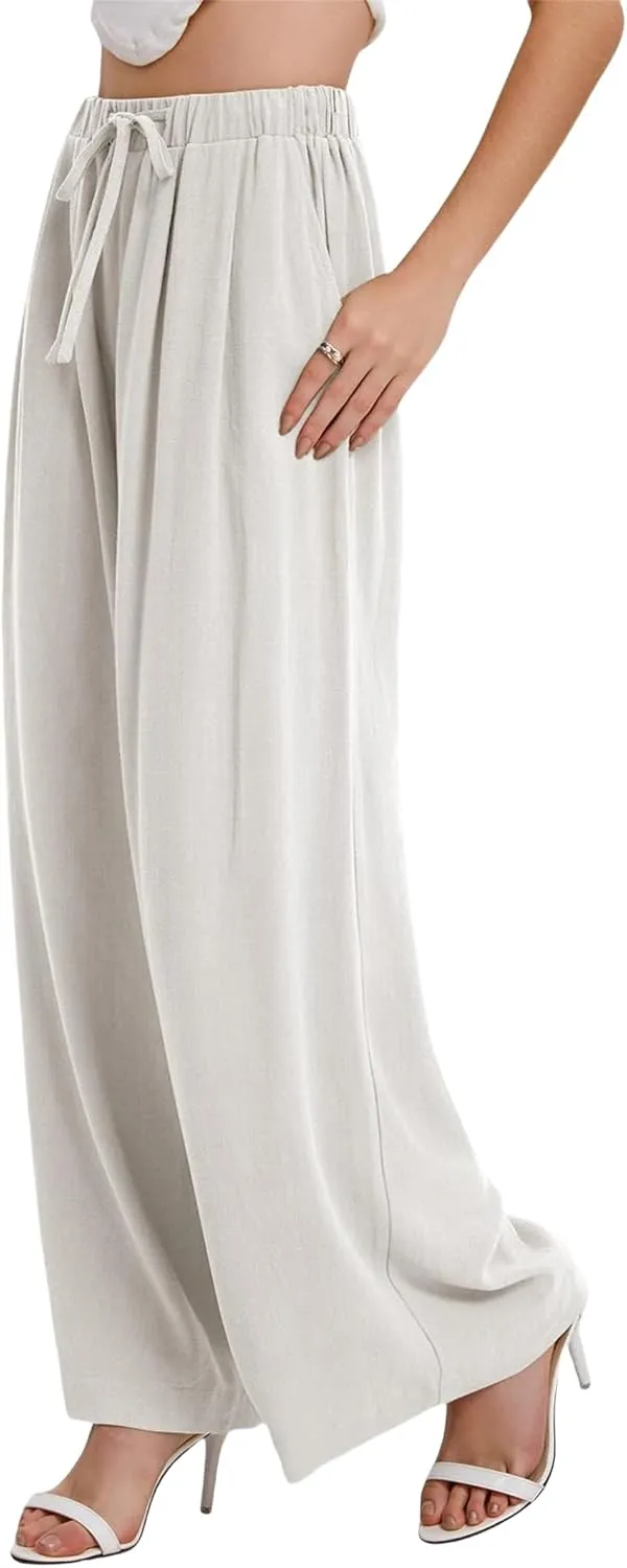 Linen Pants Women Beach Wide Leg Pants Casual Boho Summer Palazzo Pants High Waist Flowy Lounge Trousers with Pocket