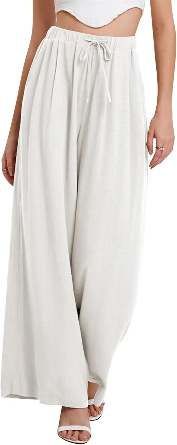Linen Pants Women Beach Wide Leg Pants Casual Boho Summer Palazzo Pants High Waist Flowy Lounge Trousers with Pocket