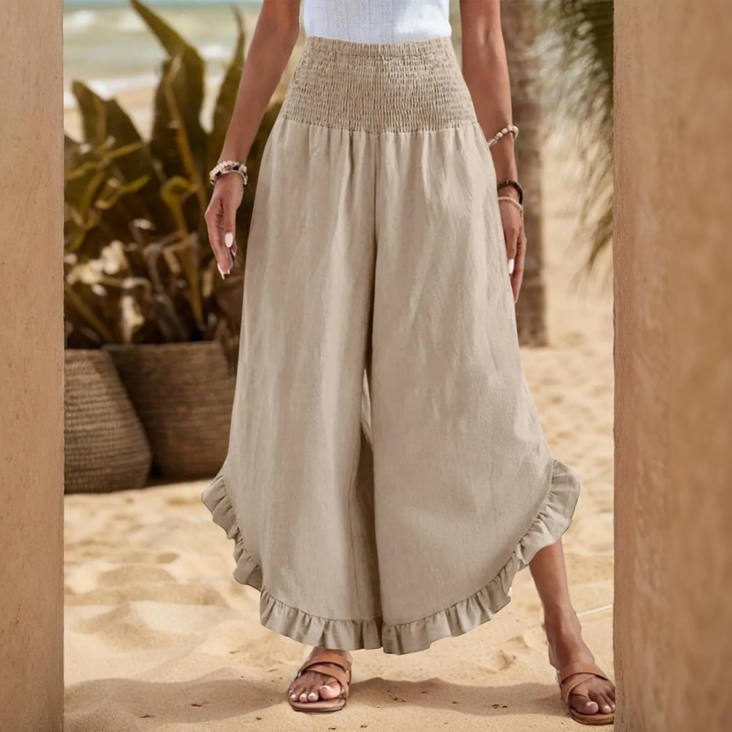 Linen Pants Women Summer Wide Leg Smocked Waist Ruffle Hem Palazzo Pants Boho Flowy Beach Vacation Pant with Pockets
