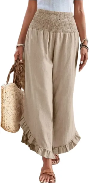 Linen Pants Women Summer Wide Leg Smocked Waist Ruffle Hem Palazzo Pants Boho Flowy Beach Vacation Pant with Pockets