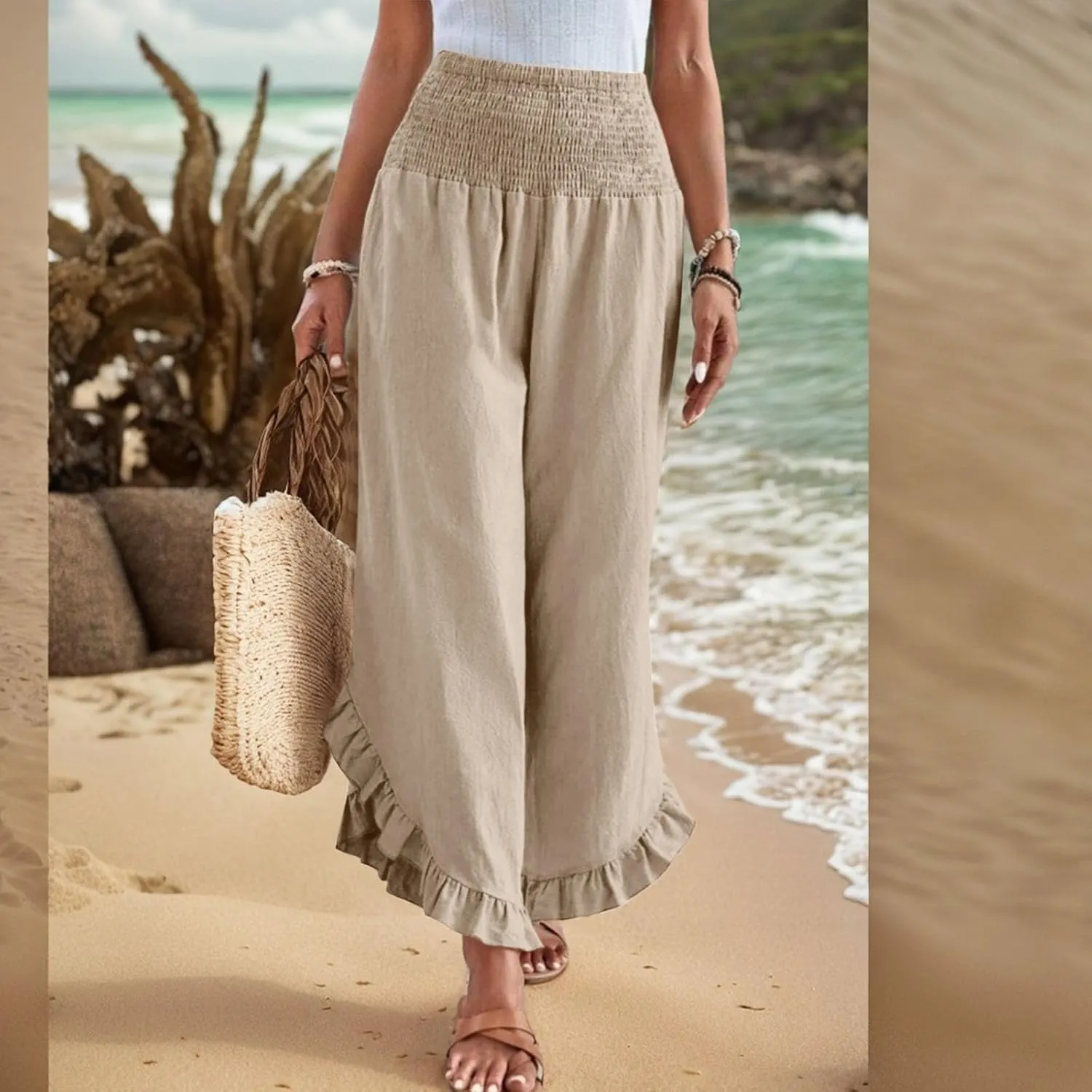 Linen Pants Women Summer Wide Leg Smocked Waist Ruffle Hem Palazzo Pants Boho Flowy Beach Vacation Pant with Pockets