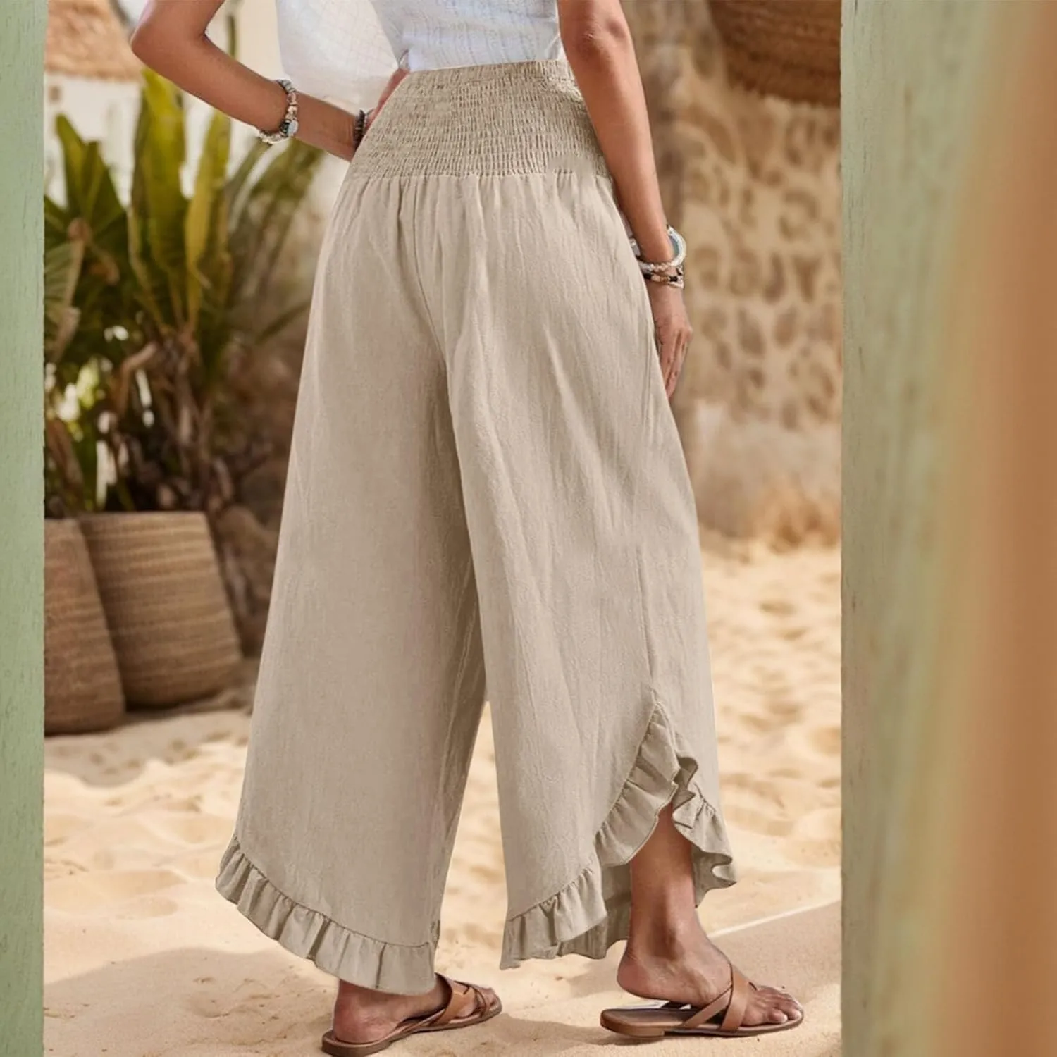 Linen Pants Women Summer Wide Leg Smocked Waist Ruffle Hem Palazzo Pants Boho Flowy Beach Vacation Pant with Pockets