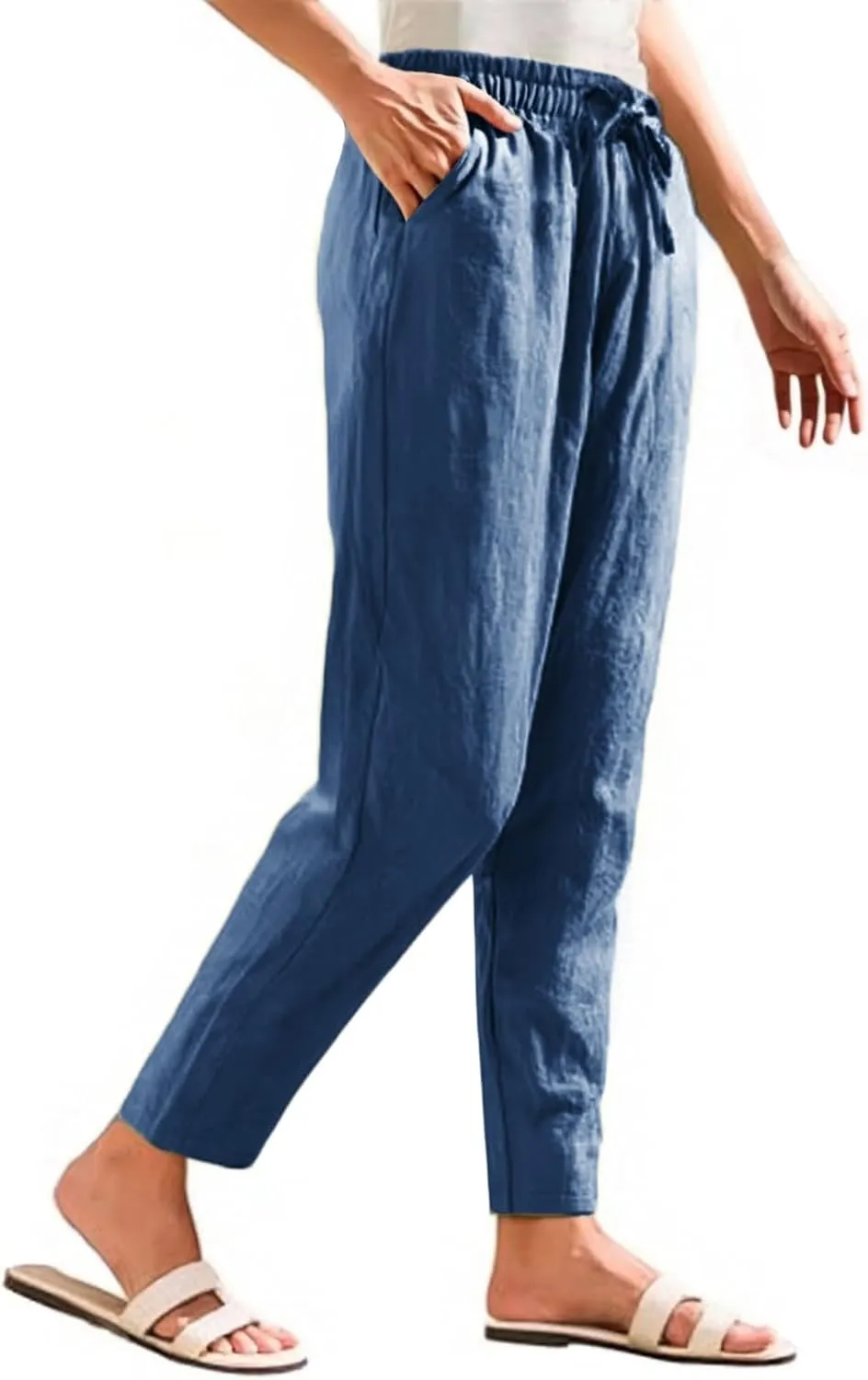 Linen Pants Women Wide Leg Palazzo Pants High Elastic Waisted Lounge Pants with Pockets Drawstring
