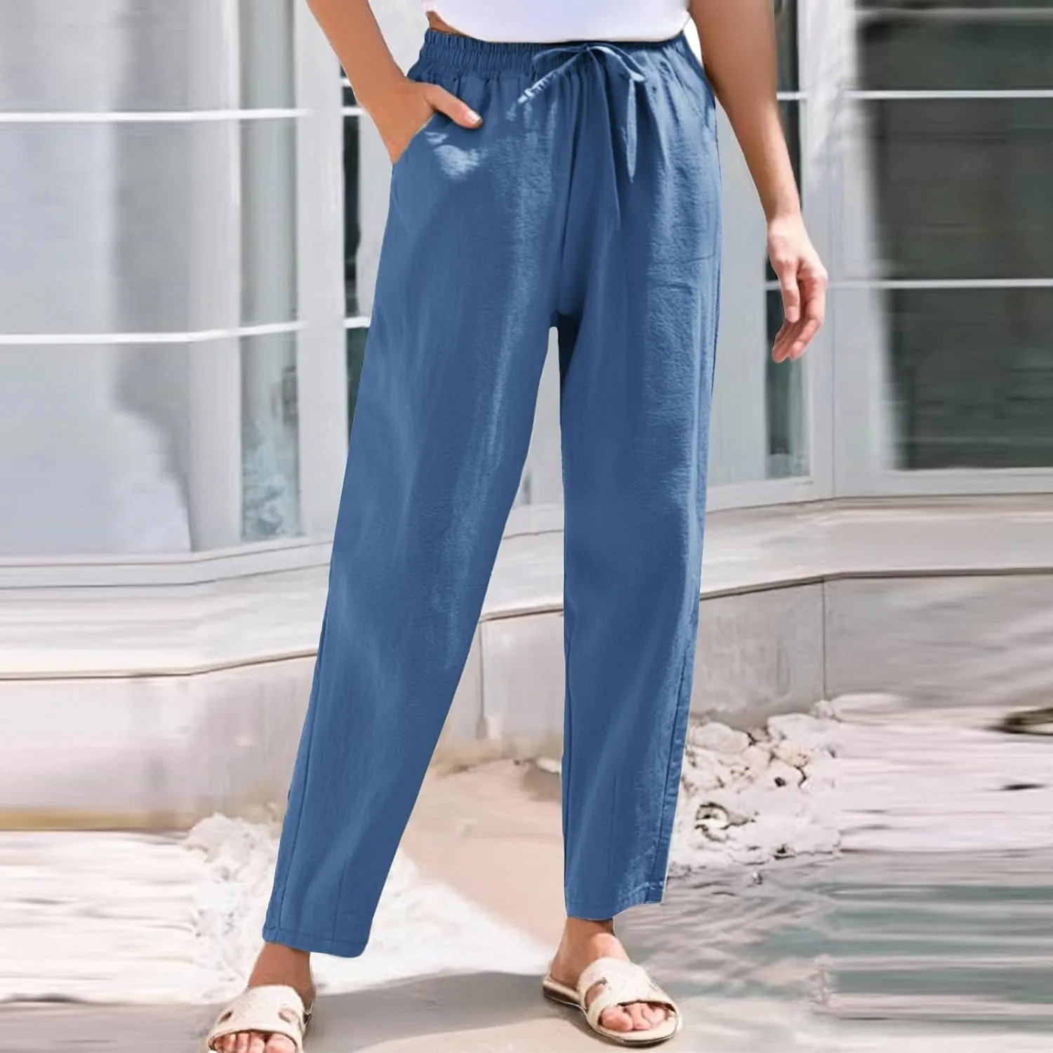 Linen Pants Women Wide Leg Palazzo Pants High Elastic Waisted Lounge Pants with Pockets Drawstring
