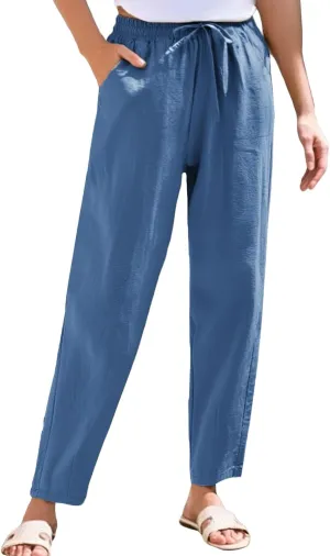 Linen Pants Women Wide Leg Palazzo Pants High Elastic Waisted Lounge Pants with Pockets Drawstring