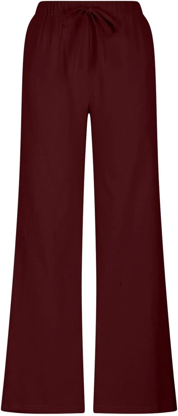 Linen Wide Leg Pants for Women Summer High Waisted Drawstring Palazzo Pants Casual Beach Pants Baggy Lounge Trousers