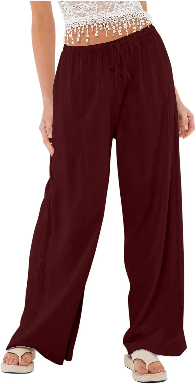 Linen Wide Leg Pants for Women Summer High Waisted Drawstring Palazzo Pants Casual Beach Pants Baggy Lounge Trousers