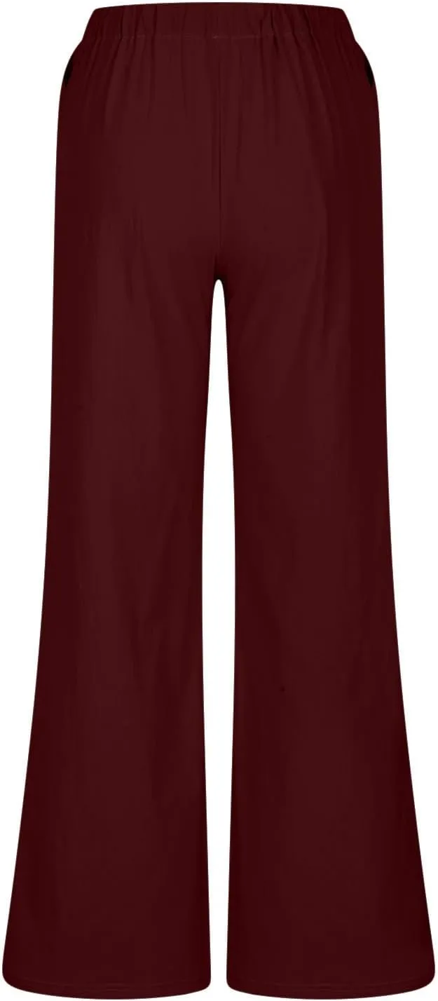Linen Wide Leg Pants for Women Summer High Waisted Drawstring Palazzo Pants Casual Beach Pants Baggy Lounge Trousers