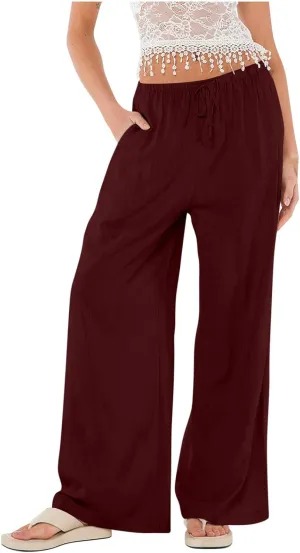 Linen Wide Leg Pants for Women Summer High Waisted Drawstring Palazzo Pants Casual Beach Pants Baggy Lounge Trousers