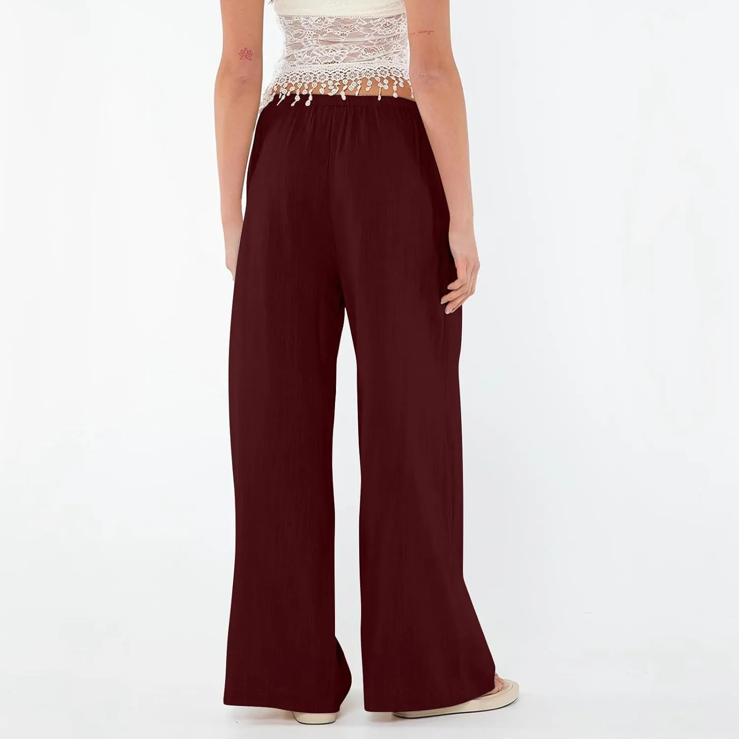 Linen Wide Leg Pants for Women Summer High Waisted Drawstring Palazzo Pants Casual Beach Pants Baggy Lounge Trousers
