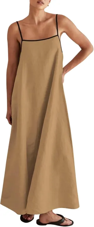 Lisskolo Women Spaghetti Strap Maxi Dress Solid Color Linen Sleeveless A Line Contrast Swing Beach Vacation Long Flowy Dress