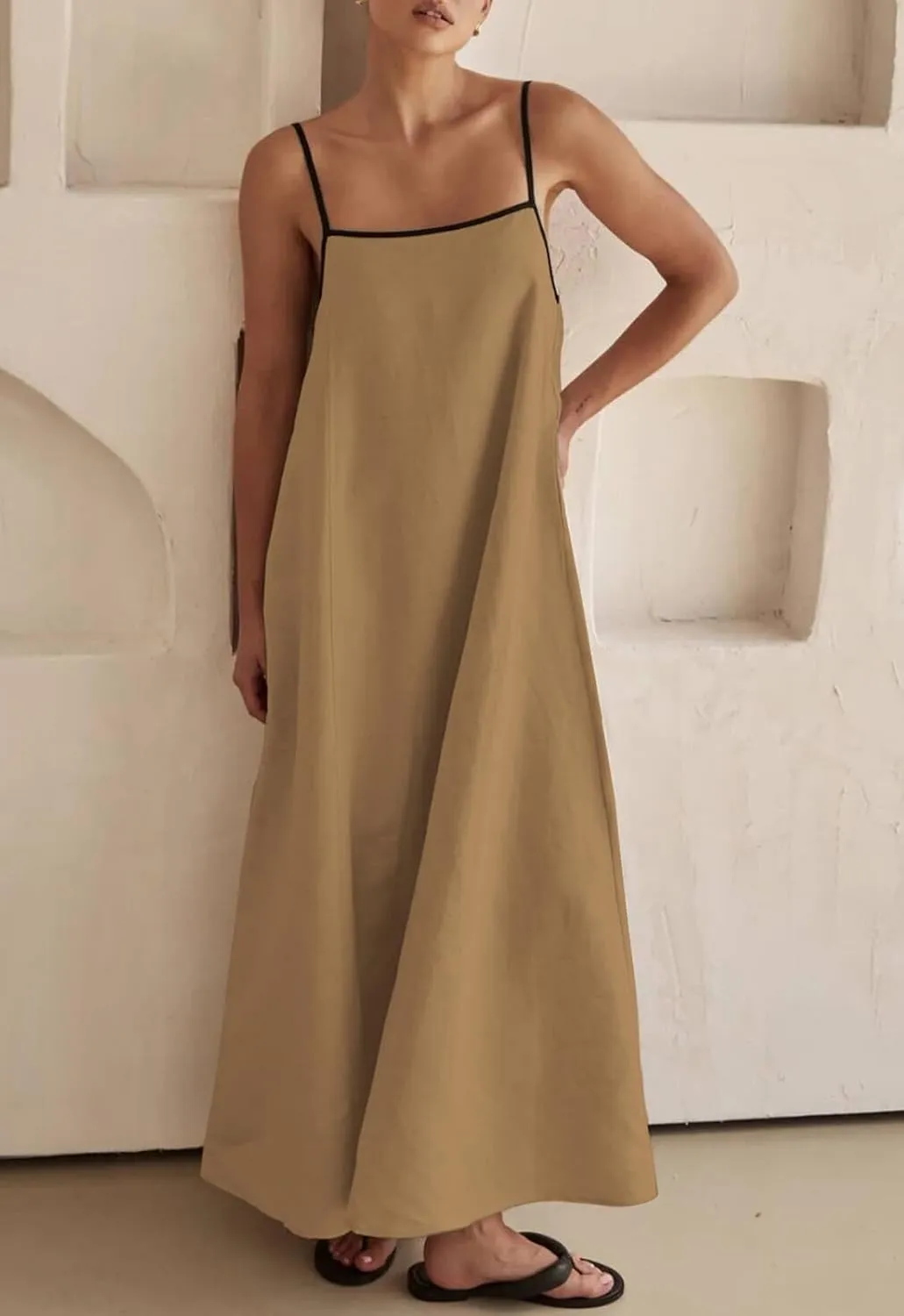 Lisskolo Women Spaghetti Strap Maxi Dress Solid Color Linen Sleeveless A Line Contrast Swing Beach Vacation Long Flowy Dress