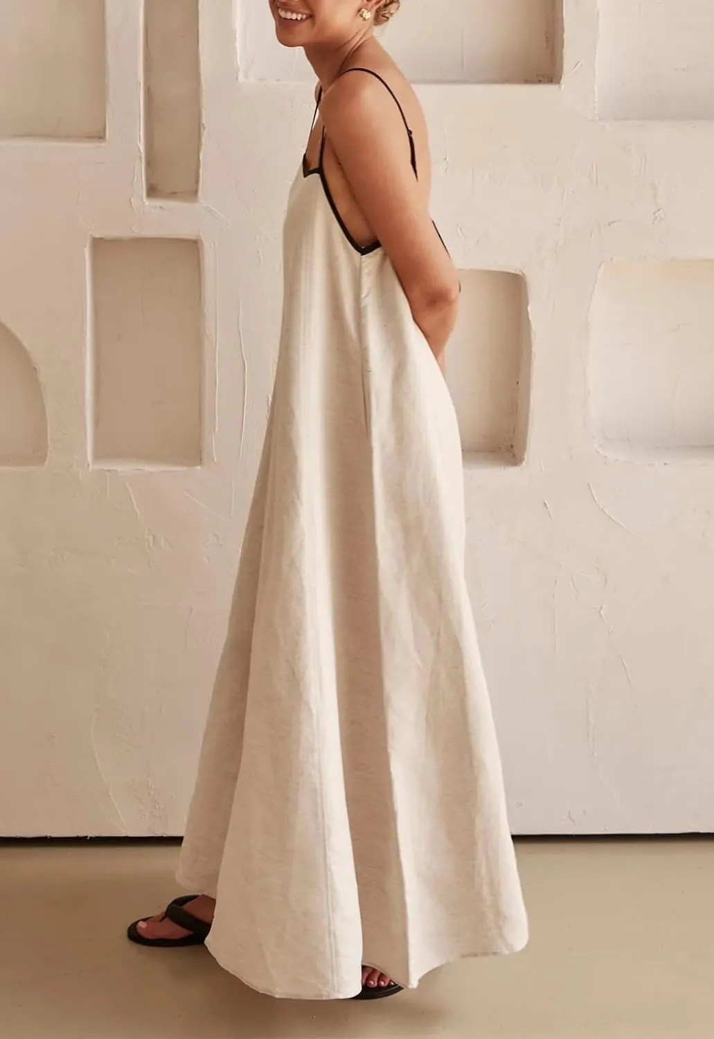 Lisskolo Women Spaghetti Strap Maxi Dress Solid Color Linen Sleeveless A Line Contrast Swing Beach Vacation Long Flowy Dress