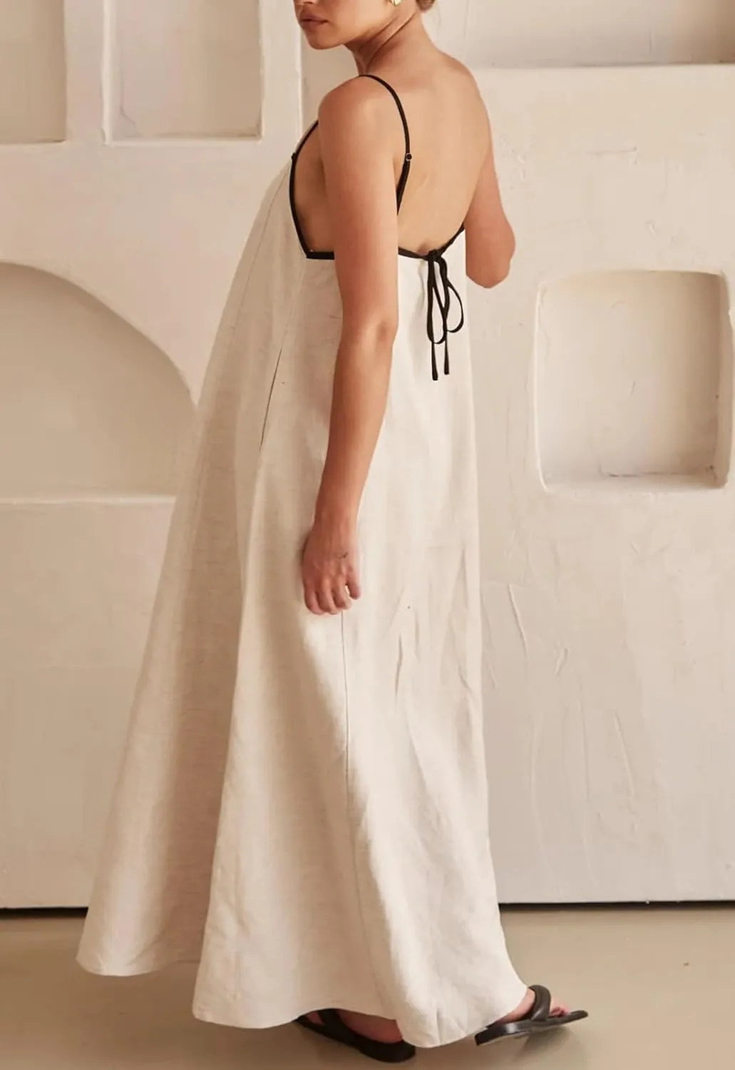 Lisskolo Women Spaghetti Strap Maxi Dress Solid Color Linen Sleeveless A Line Contrast Swing Beach Vacation Long Flowy Dress