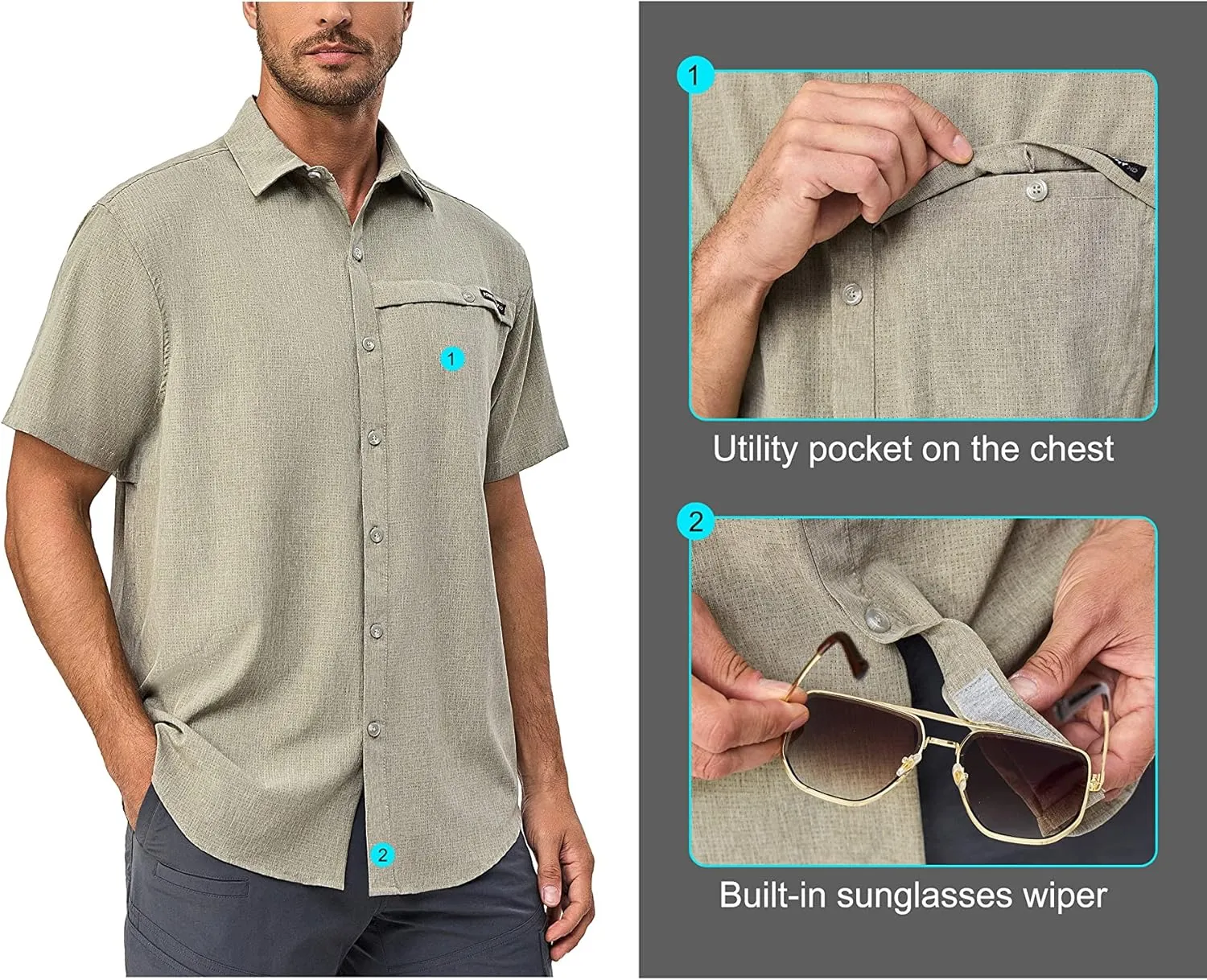 Little Donkey Andy Men's Lightweight UPF 50  Short Sleeve Shirt, Breathable Fishing Hiking Shirt, Air-Holes Tech