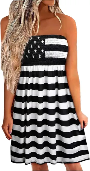 LLHXRUI American Flag Smocked Strapless Bandeau Mini Dress Women USA Stars Stripes Tube Top Dress Beach Sundress Cover Ups