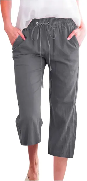 Lmdudan Cotton Linen Capri Pants for Women Summer Drawstring Elastic High Waist Casual Pant Straight Wide Leg Cropped Trouser