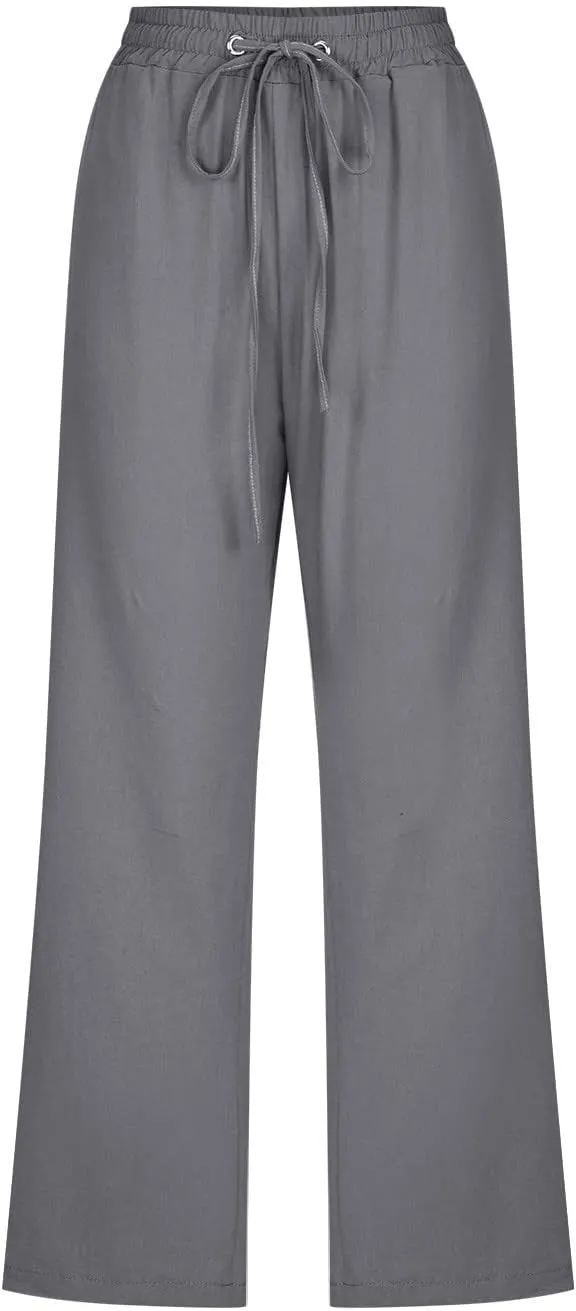 Lmdudan Cotton Linen Capri Pants for Women Summer Drawstring Elastic High Waist Casual Pant Straight Wide Leg Cropped Trouser