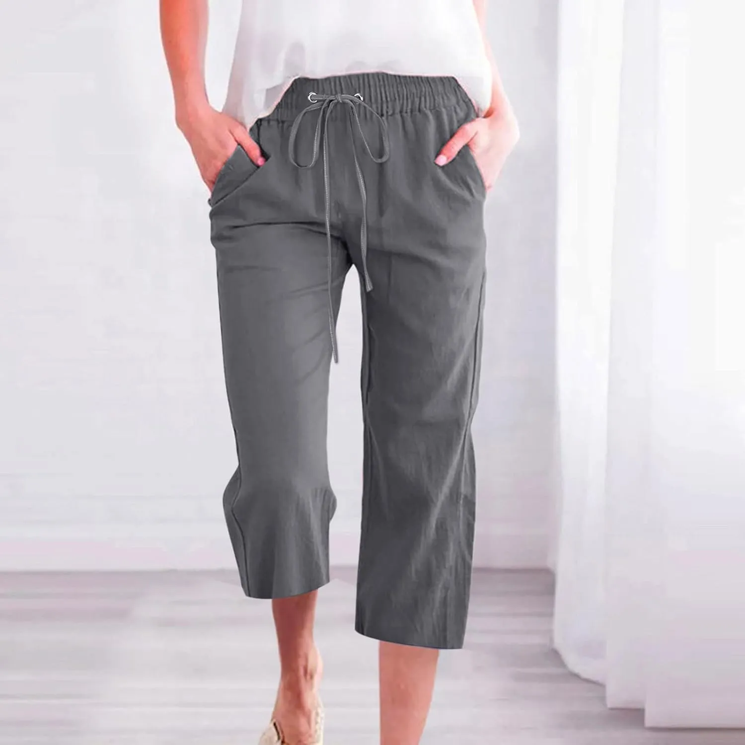 Lmdudan Cotton Linen Capri Pants for Women Summer Drawstring Elastic High Waist Casual Pant Straight Wide Leg Cropped Trouser