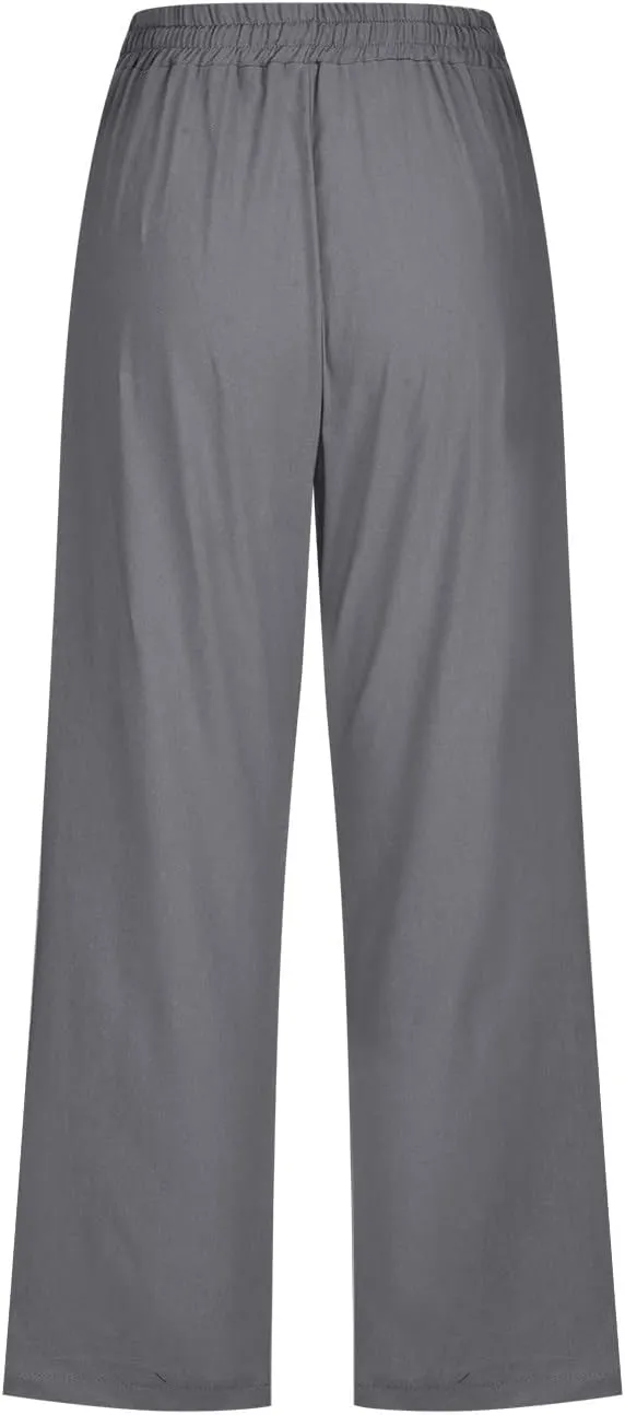 Lmdudan Cotton Linen Capri Pants for Women Summer Drawstring Elastic High Waist Casual Pant Straight Wide Leg Cropped Trouser