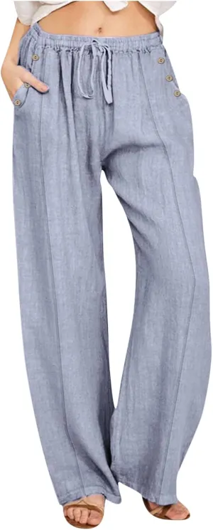 Lmdudan Linen Pants Women 2025 Summer Beach Lounge Palazzo Trousers Loose Elastic Plus Size Drawstring with Pockets Pants